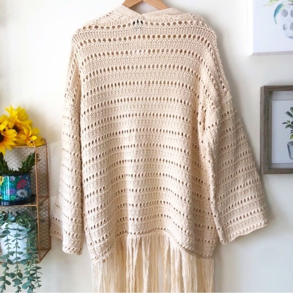 Crochet Knit Fringe Cardigan Boho Dreams by Gilli Natural Beige Size Medium - Picture 3 of 14